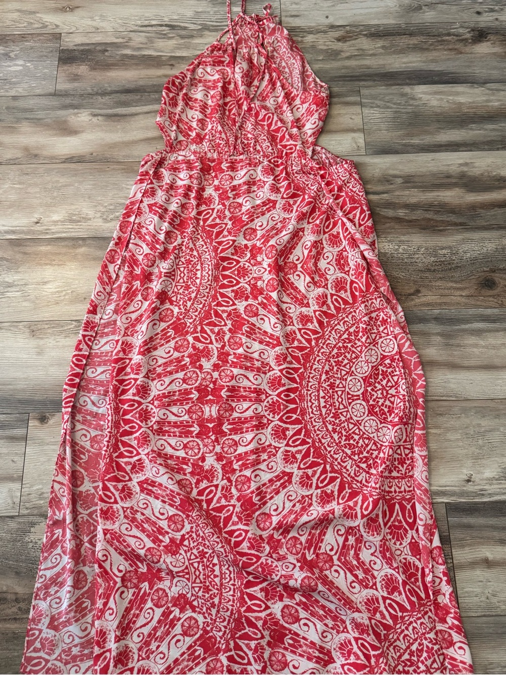 Mustard Seed Halter Cutout Maxi Dress Medium Coral Print High slit Homecoming